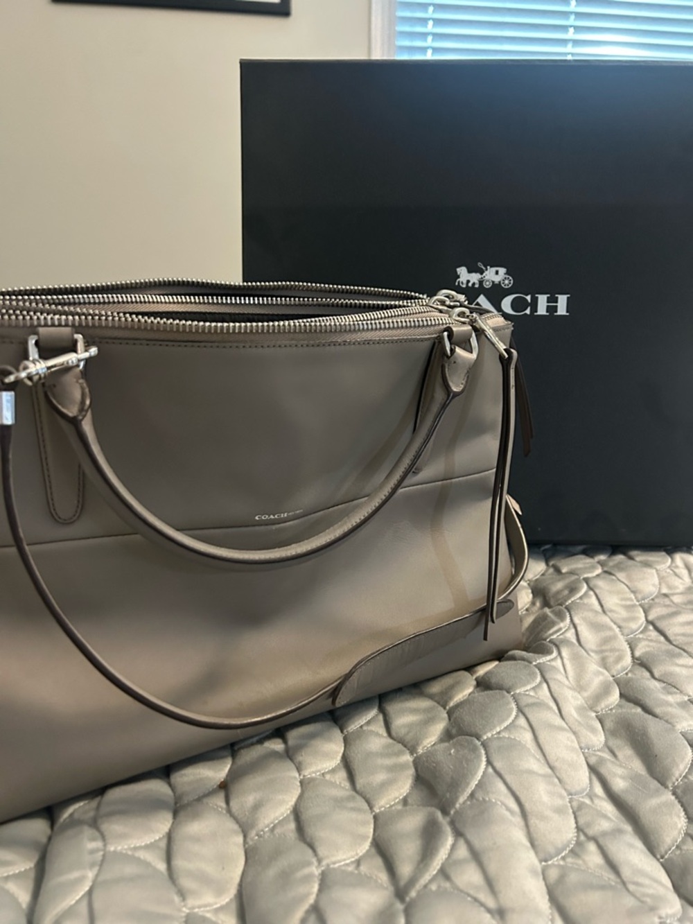 COACH Taupe Gray Leather Tote with Dual Zips